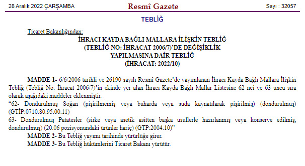 Dondurulmuş Soğan ve Patates İhracı Kayda Bağlandı Resmi Gazete