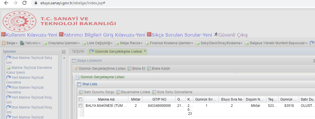 Yatırım Teşvik Belgesi İthal Makine Teçhizat Gerçekleşme Ekranı