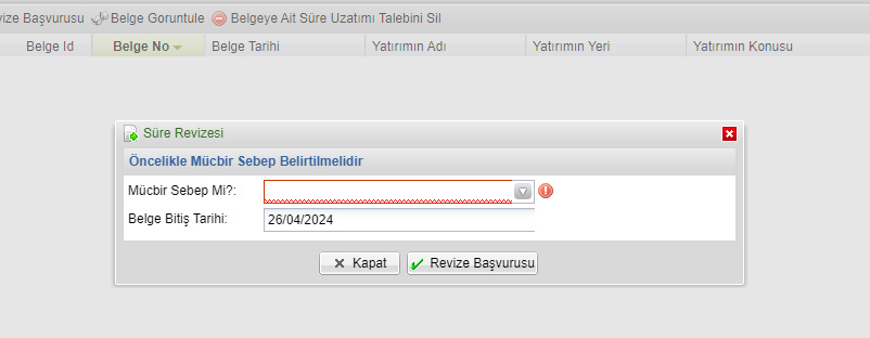 Yatırım Teşvik Belgesi Süre Uzatım Ekranı